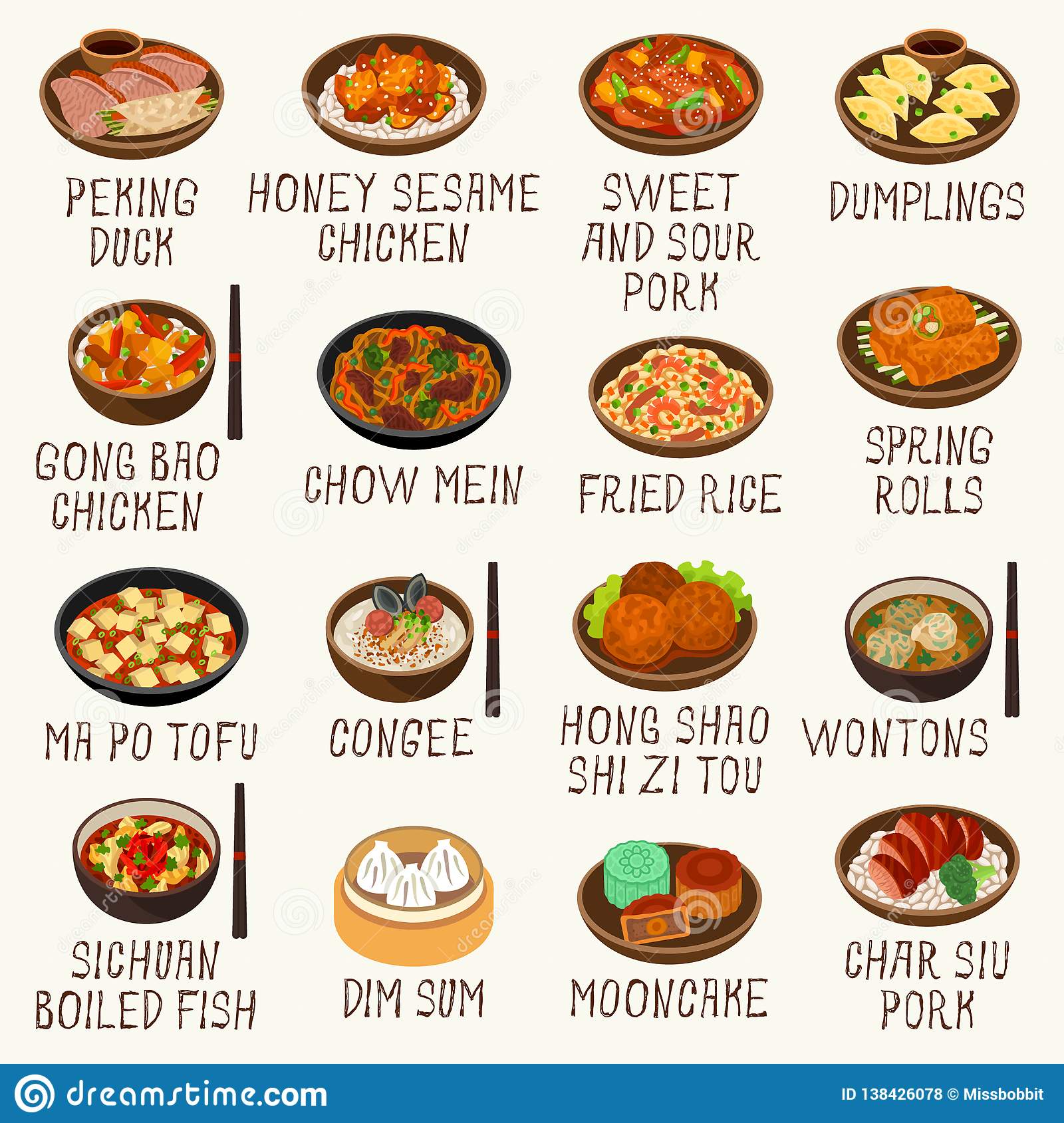 Chinese Food Vector Illustration Set Most Popular Cuisine Dishes Detailed Flat Style 138426078 