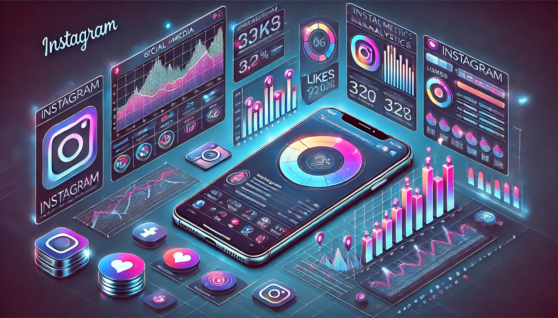 The dashboard provides Instagram analytic data through charts together with graphs and displays a smartphone interface.