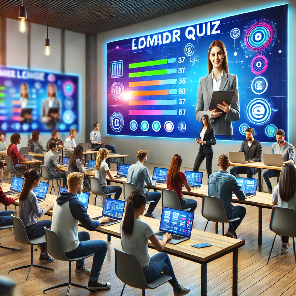 Interactive digital learning environment with a quiz on a large screen.