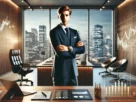 The picture shows a wealthy businessman who works in high-end offices which symbolize his financial achievements.