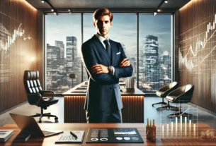 The picture shows a wealthy businessman who works in high-end offices which symbolize his financial achievements.