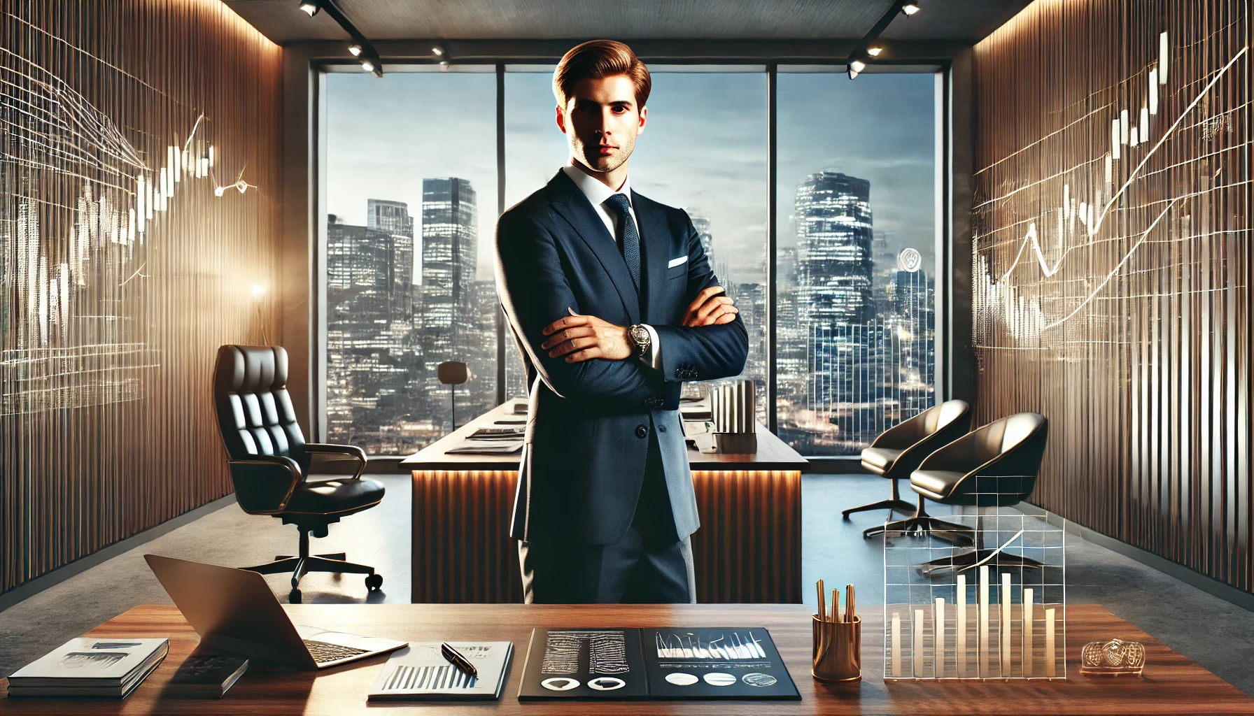 The picture shows a wealthy businessman who works in high-end offices which symbolize his financial achievements.