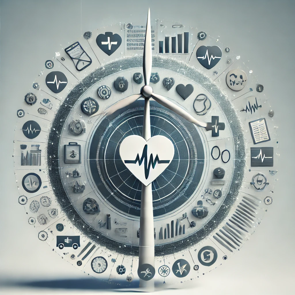 The fund demonstrates its social responsibility approach through an image showing a renewable energy symbol ring with healthcare icons encircling financial data representations.