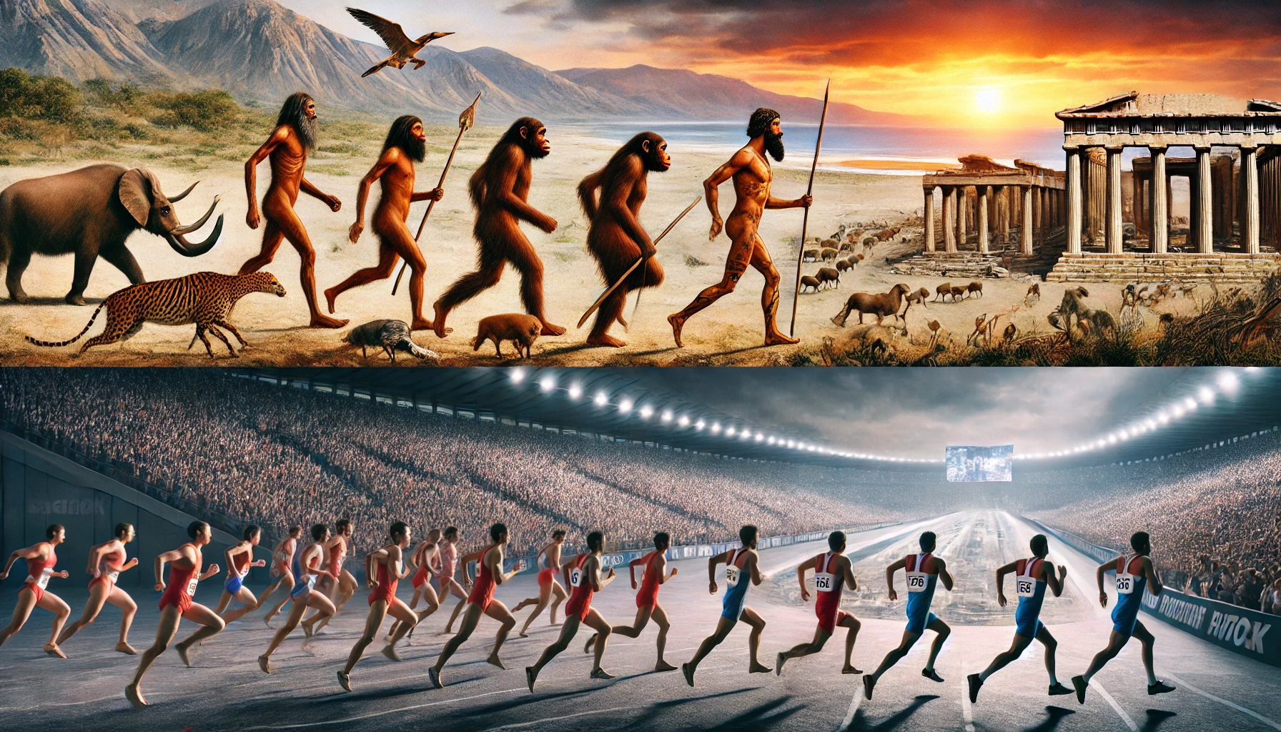 Evolution of running from early humans to modern marathon races. Evolution of running from early humans to modern marathon races.