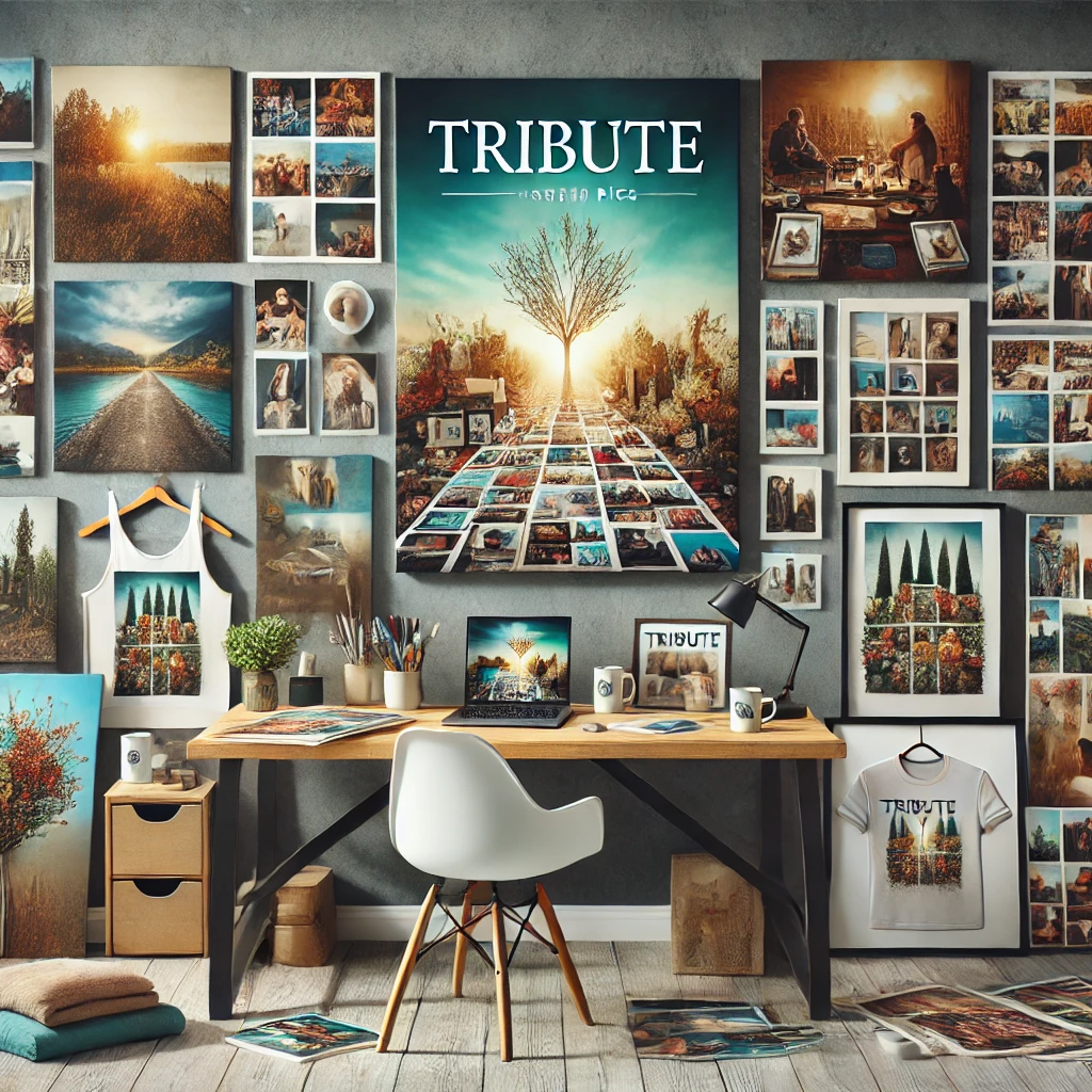 Multiple tribute printed images were displayed through combinations of canvas prints, framed pictures and personalized items that used modern professional lighting in the display space.