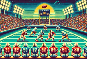 A retro football game scene featuring pixelated players and a stadium, inspired by 1980s video game graphics.