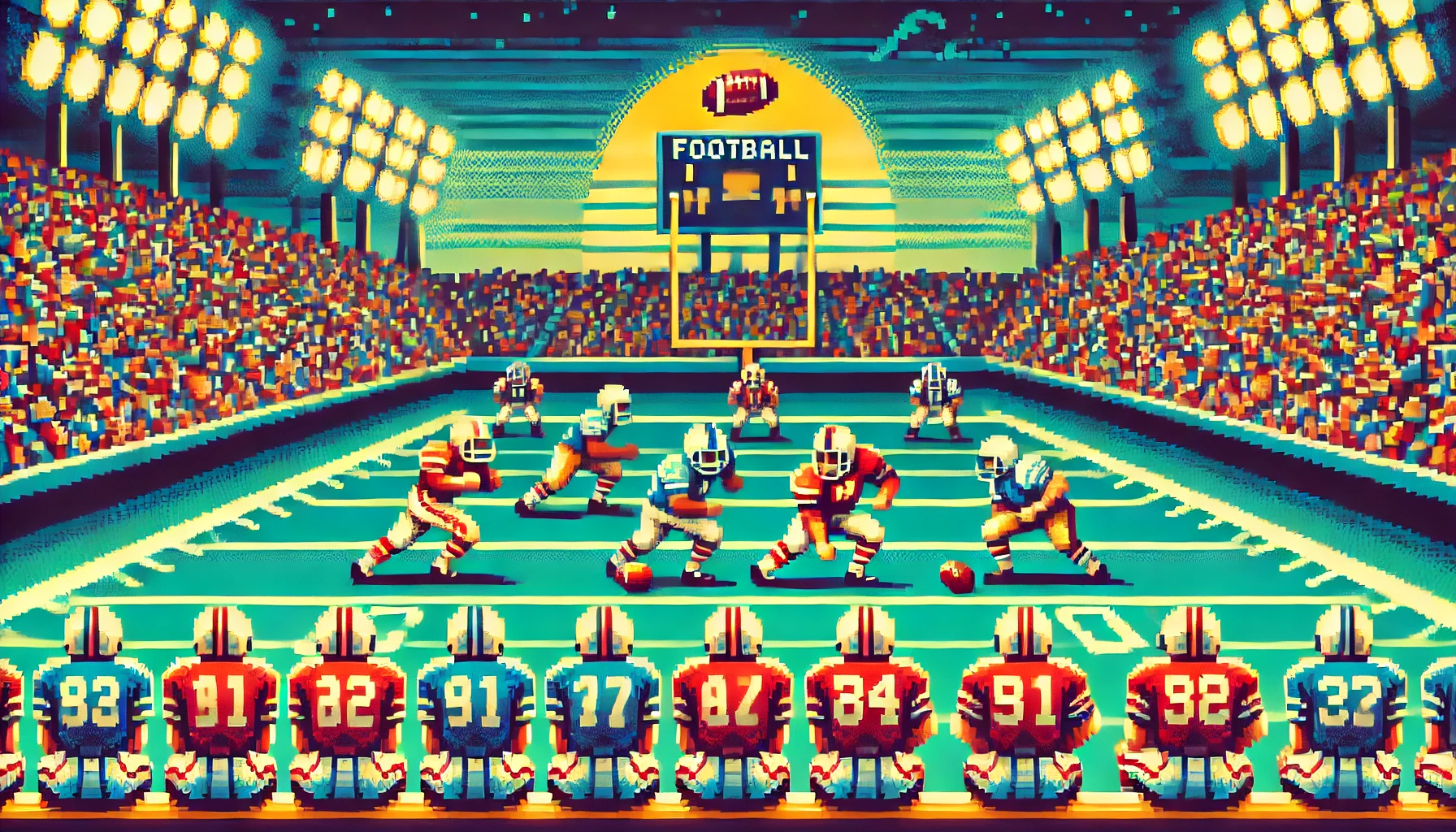 A retro football game scene featuring pixelated players and a stadium, inspired by 1980s video game graphics.