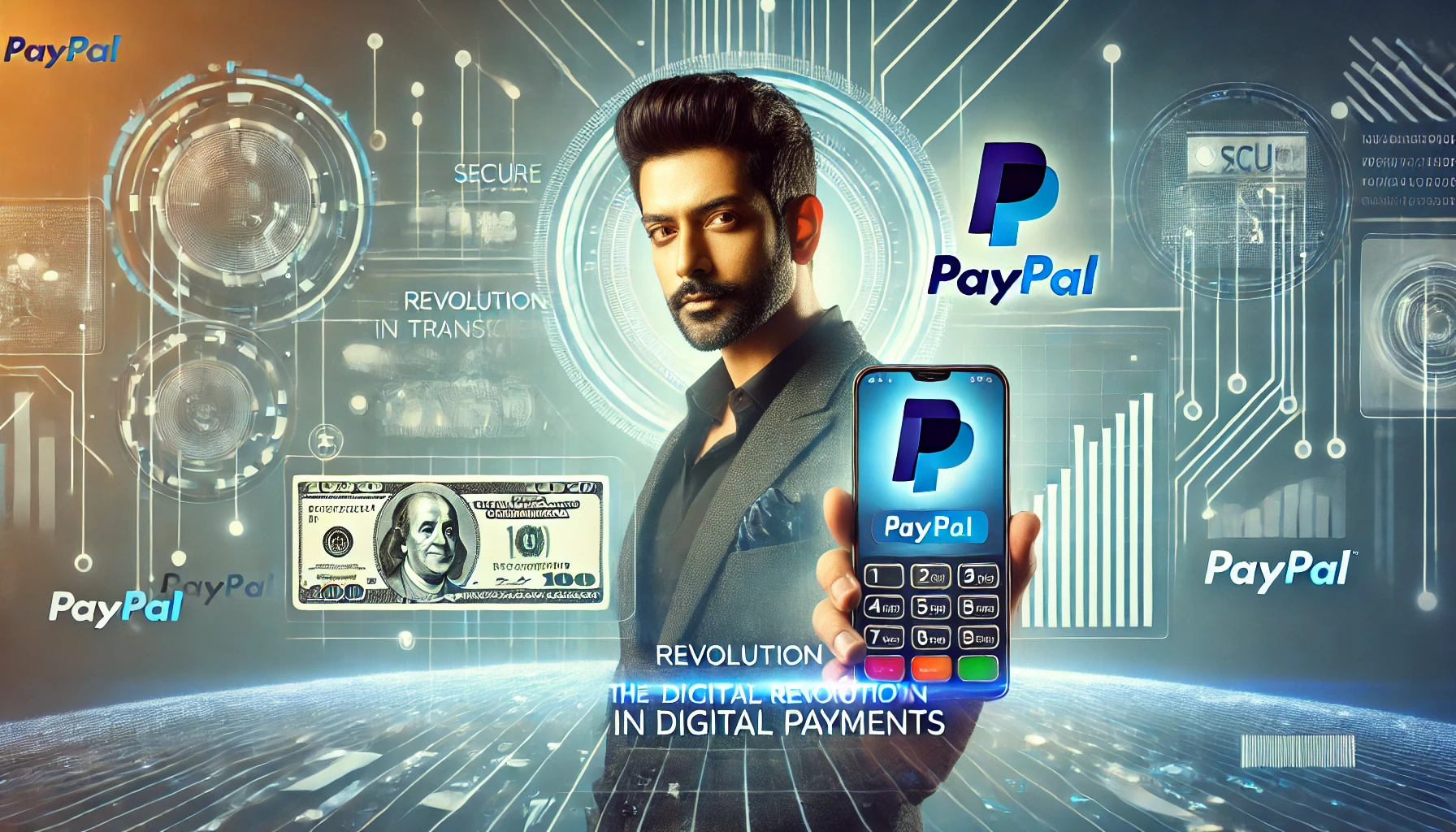 Prince Narula advertising mobile payments with a smartphone that has PayPal, contrary to the backdrop of conventional finance.