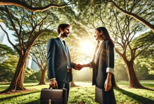 Two people dressed formally shaking hands in a park which painted their image of interaction and fellowship.