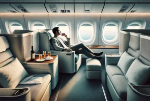 Digital art illustrating a travel in luxury; A person sitting comfortably in a large first-class cabin with contemporary interior and comfort and a view from the window.