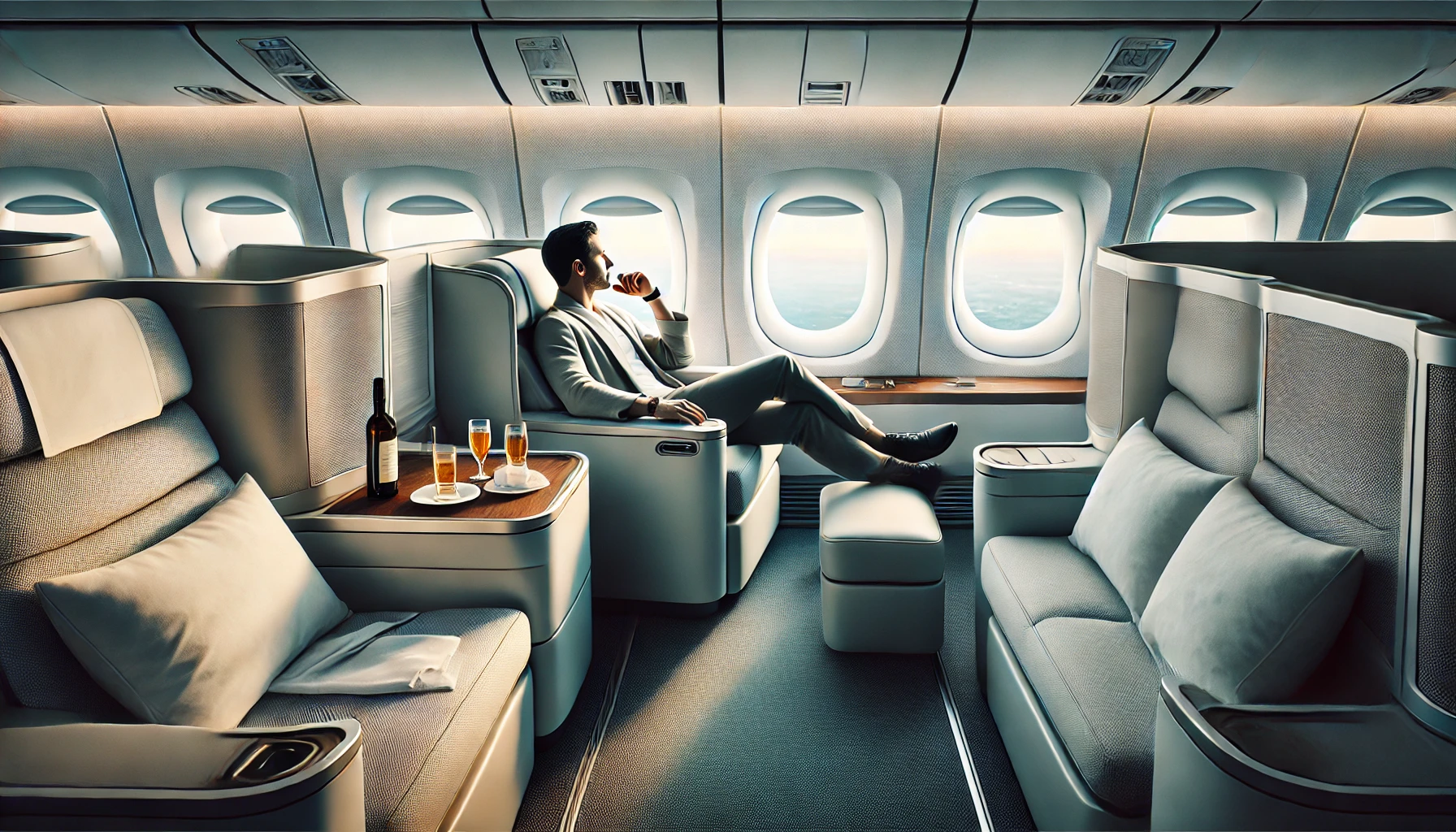 Digital art illustrating a travel in luxury; A person sitting comfortably in a large first-class cabin with contemporary interior and comfort and a view from the window.