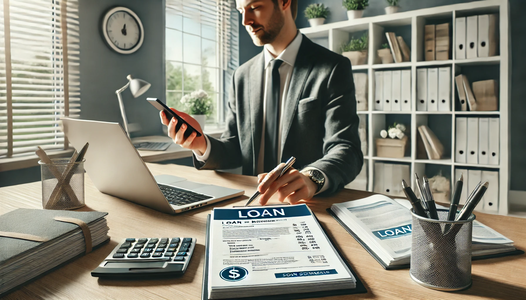 A person at a desk in a bright home office, managing loans on a laptop and smartphone.