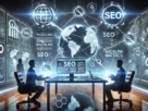 A digital marketing platform of the future displays SEO and backlinking through interlinked web nodes which a professional uses to analyze SEO metrics on holographic screens.