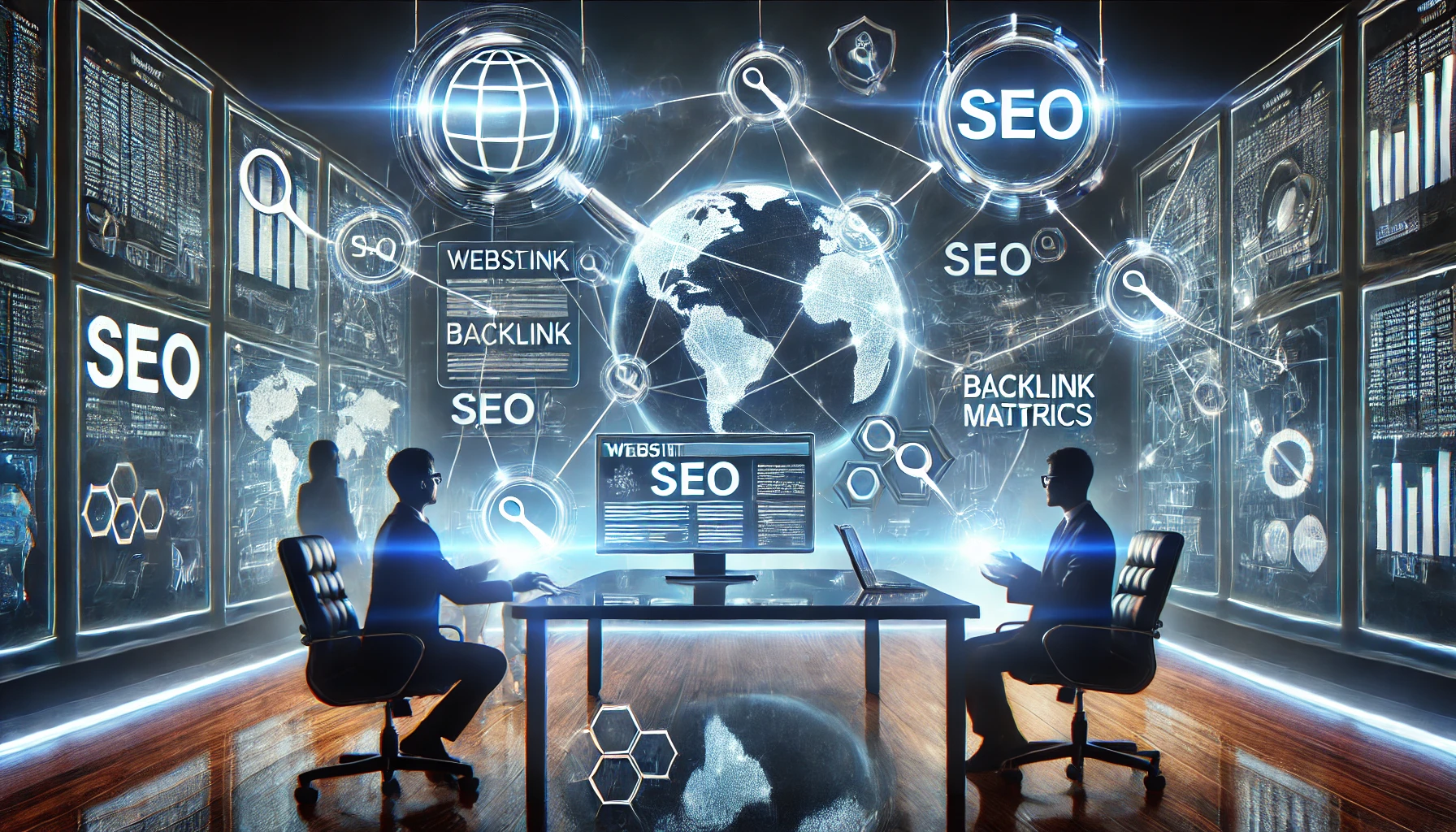 A digital marketing platform of the future displays SEO and backlinking through interlinked web nodes which a professional uses to analyze SEO metrics on holographic screens.