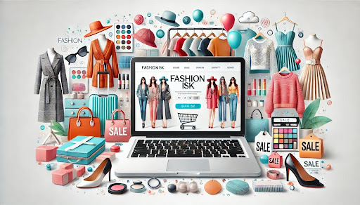 Logo of Fashionisk.com article where a laptop and the homepage of an online shopping website is surrounded by fashionable clothes, accessories and beauty products.