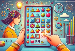 A person completes geometry spot tasks on their tablet screen by identifying shapes during a timed game.