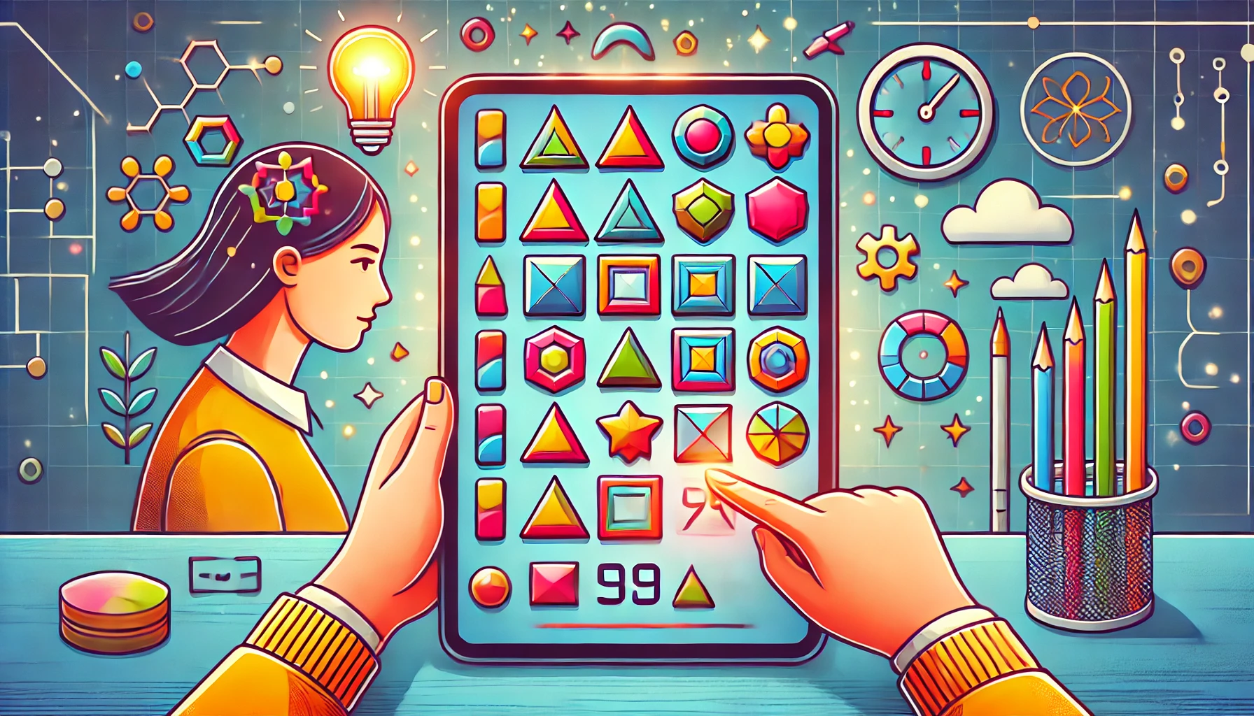 A person completes geometry spot tasks on their tablet screen by identifying shapes during a timed game.