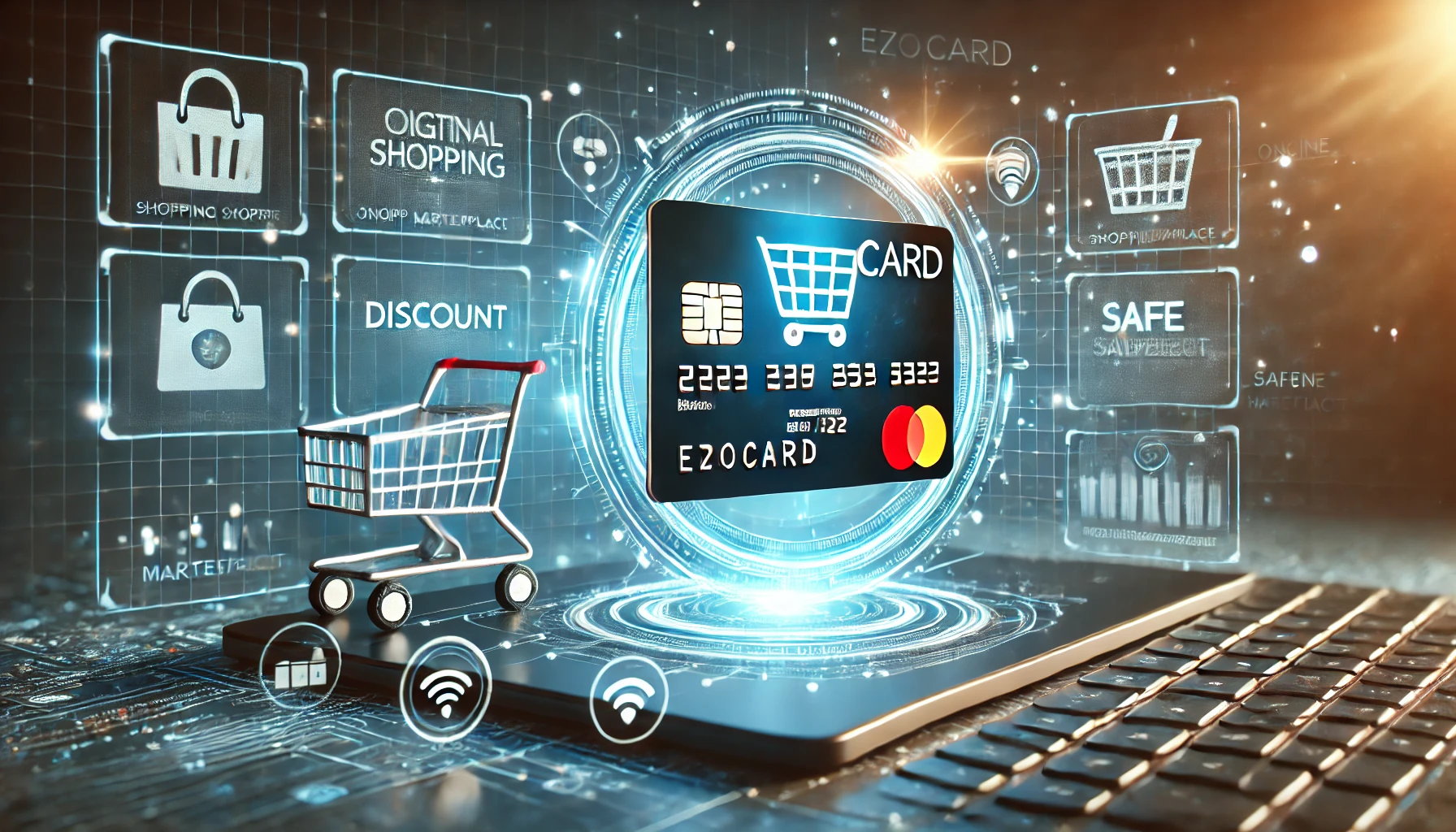 Digital shopping concept with Ezocard prepaid card on a futuristic online marketplace screen.