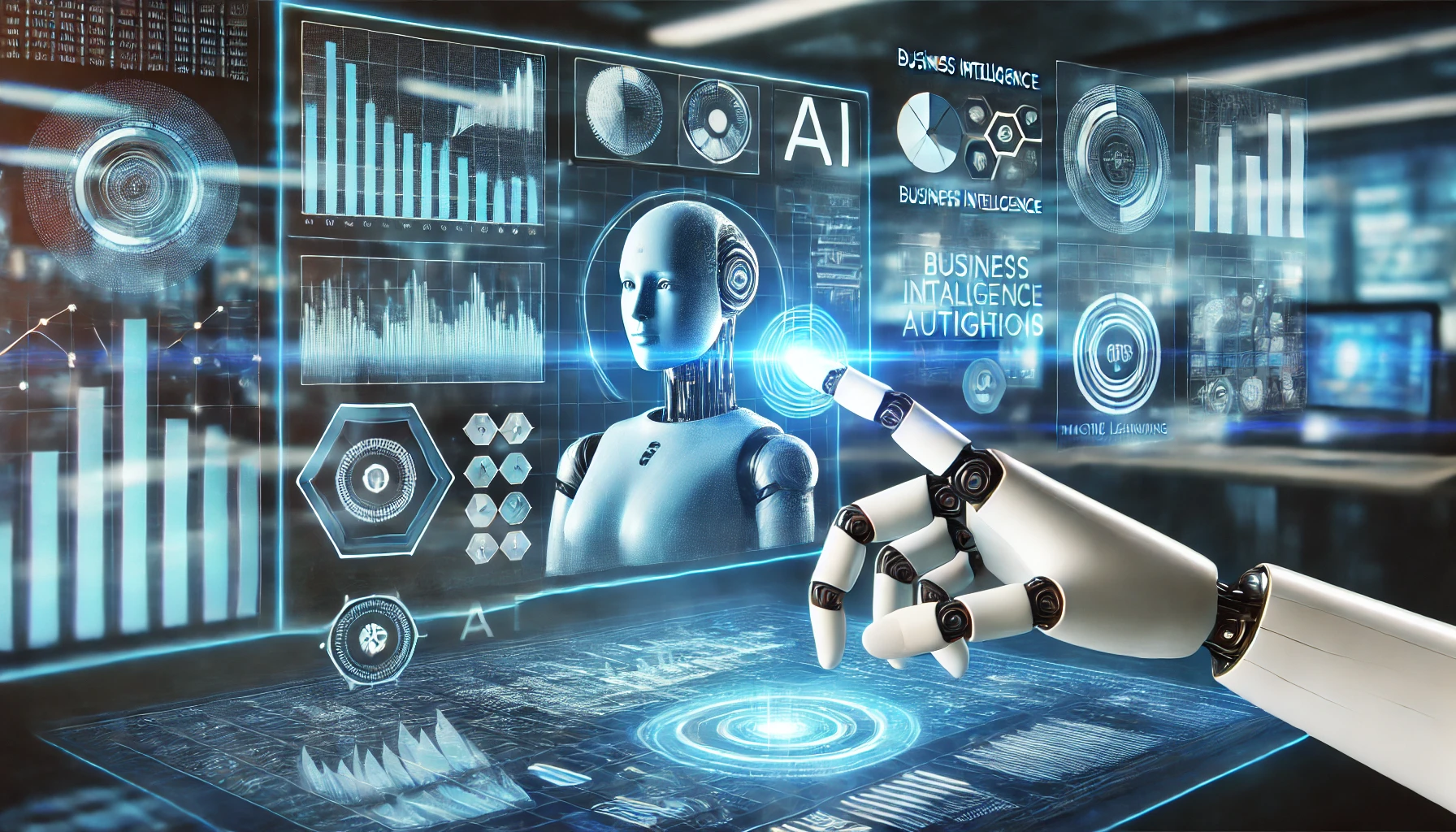 Futuristic AI-powered dashboard displaying data analytics, graphs, and predictive insights with a robotic hand interacting with holographic visuals.