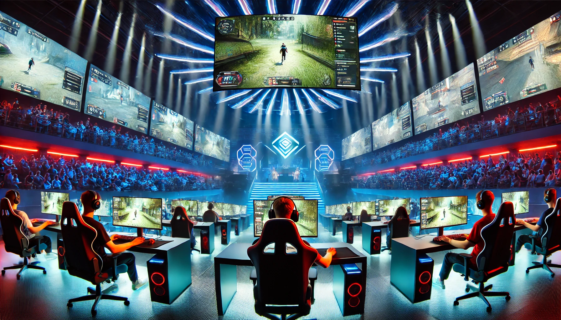 Competing gamers use modern high-end gaming PCs to play in a futuristic esports competition where professional players take part.