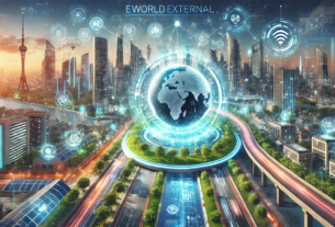 eWorldExternal futuristic smart city com with state-of-the-art technology and sustainable design.