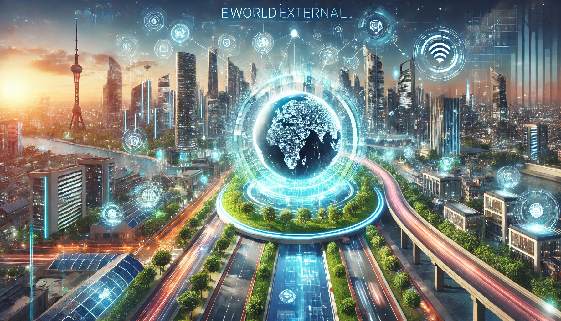 eWorldExternal futuristic smart city com with state-of-the-art technology and sustainable design.