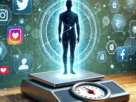 The shadow figure stands on top of a Weighing scale to represent the public interest about Caseoh's weight in a futuristic scene where social media icons appear.