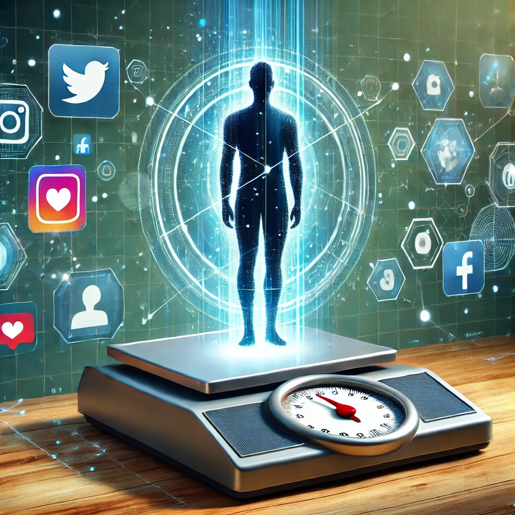 The shadow figure stands on top of a Weighing scale to represent the public interest about Caseoh's weight in a futuristic scene where social media icons appear.