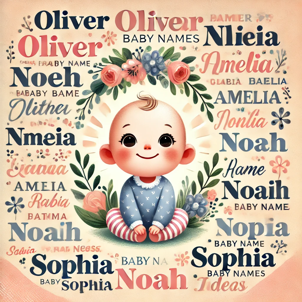 Popular baby names in a soft pastel theme with a background of a happy baby