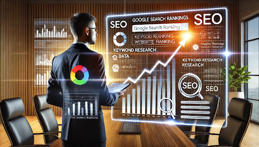 A professional SEO expert analyzing Google search rankings and SEO performance metrics.