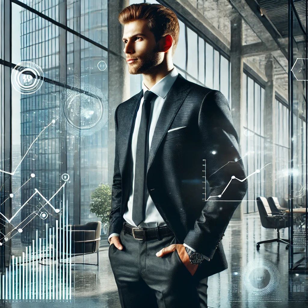 This image shows a dedicated professional executive who stands in a contemporary office facility to represent entrepreneurial spirit with leadership abilities.