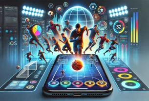 eTrueSports iOS update showcasing a futuristic sports gaming app on an iPhone with a vibrant eSports tournament scene.