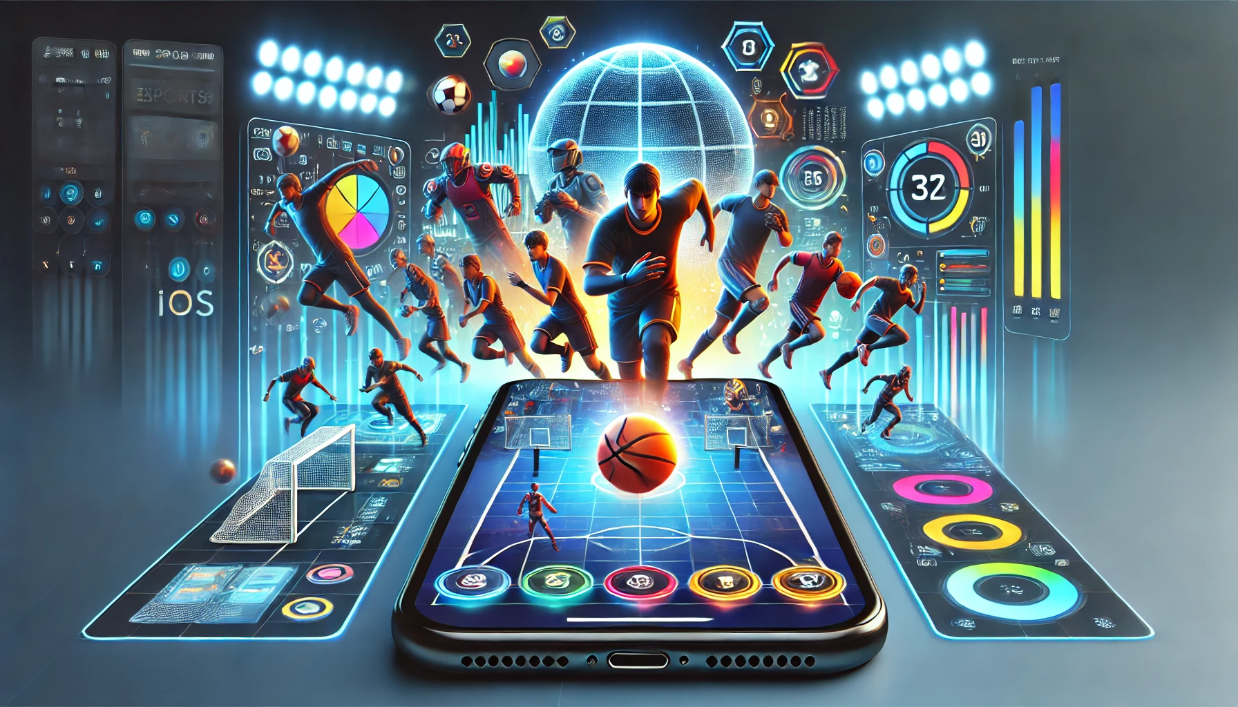 eTrueSports iOS update showcasing a futuristic sports gaming app on an iPhone with a vibrant eSports tournament scene.