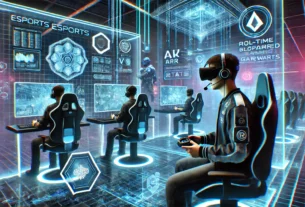 Futuristic digital gaming with AI, VR, and esports elements.