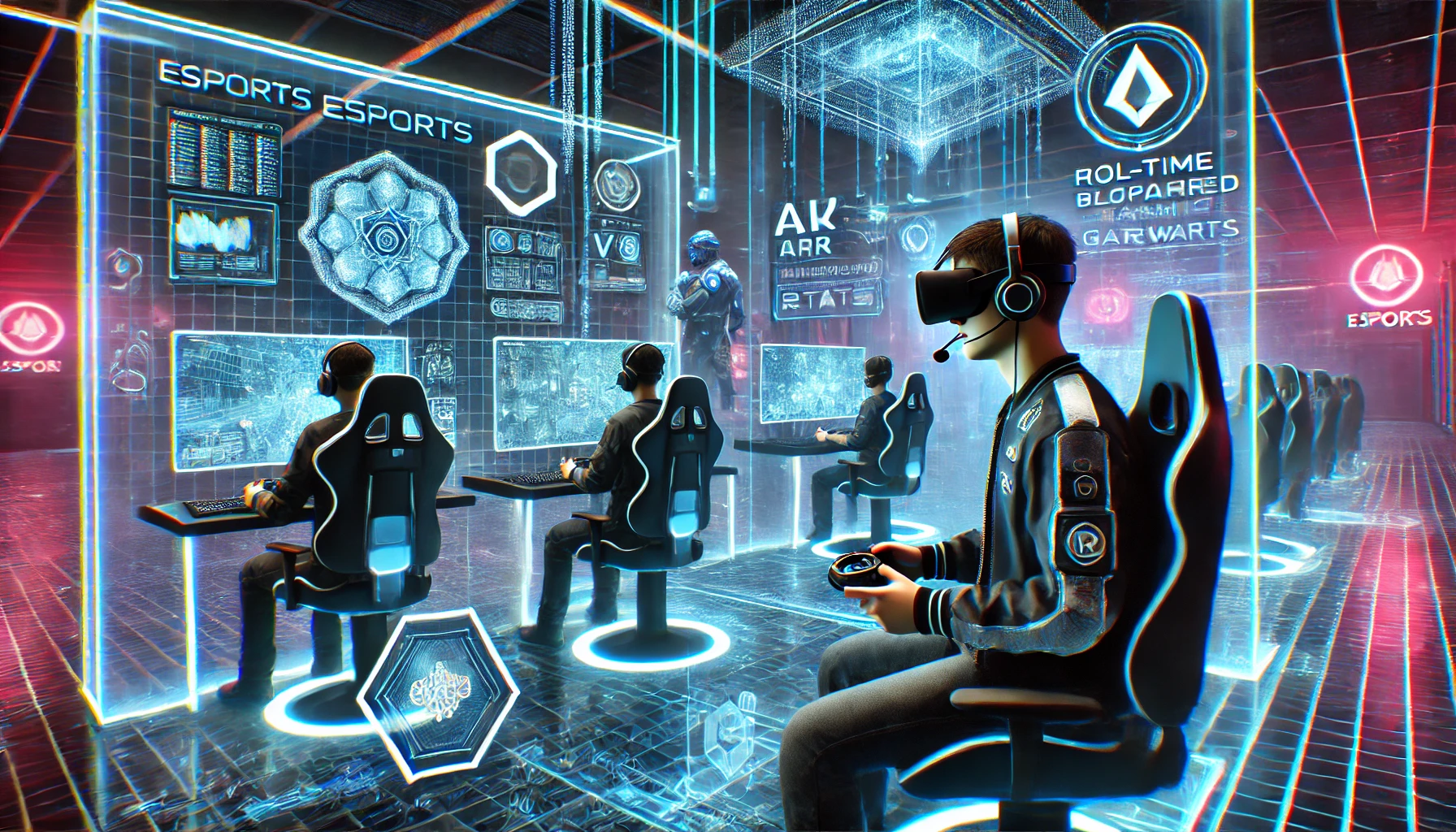 Futuristic digital gaming with AI, VR, and esports elements.