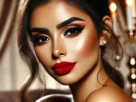 Stunning Latina woman with flawless makeup, featuring bold brows, winged eyeliner, and red lipstick.