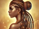 A woman with beautifully intricate cornrow braids adorned with beads and golden hair cuffs, showcasing traditional African hairstyling.