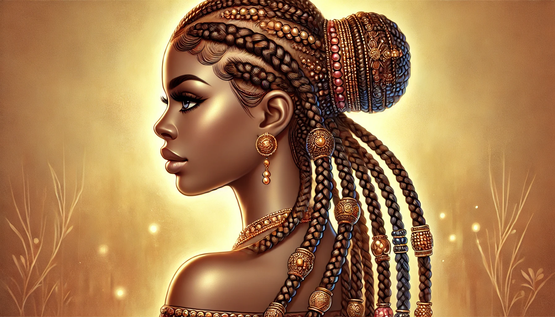 A woman with beautifully intricate cornrow braids adorned with beads and golden hair cuffs, showcasing traditional African hairstyling.