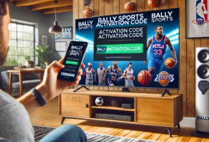 Smart TV displaying Bally Sports activation screen with a person entering the activation code on their smartphone.