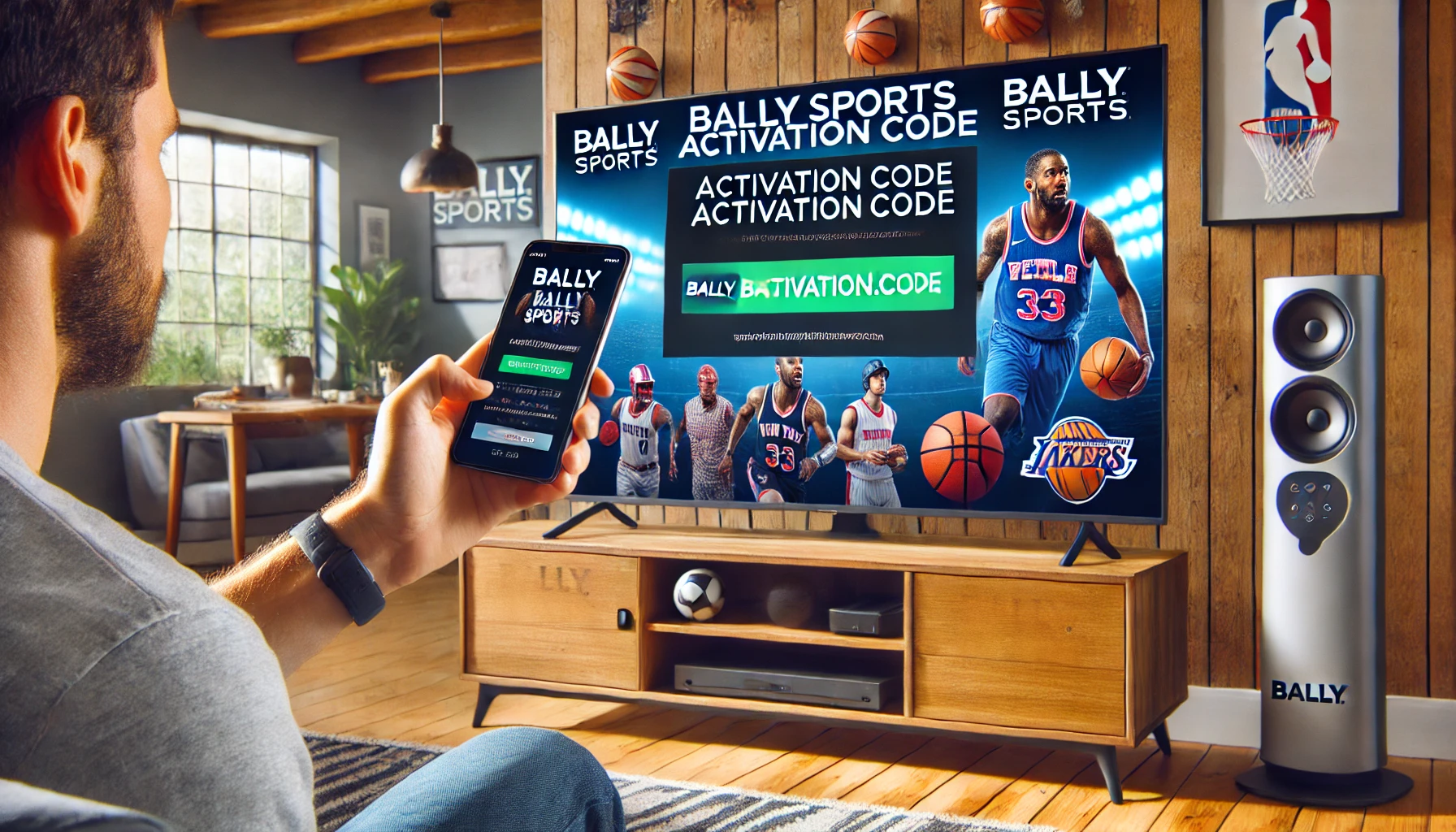 Smart TV displaying Bally Sports activation screen with a person entering the activation code on their smartphone.