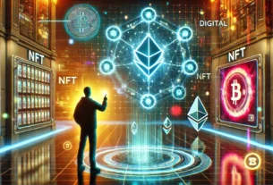 A futuristic digital NFT marketplace with a cyberpunk-style interface, blockchain nodes, and a holographic NFT gallery.