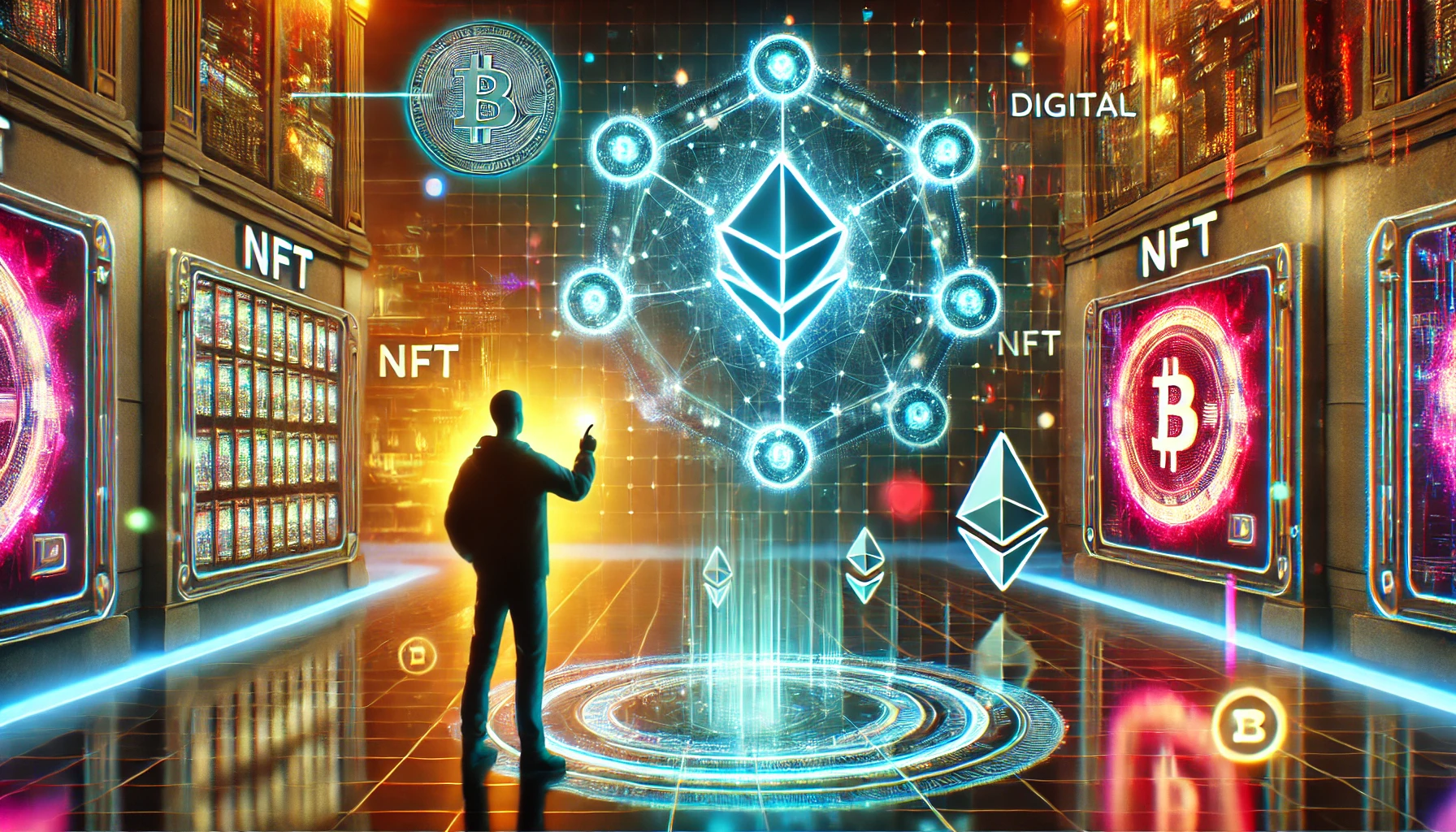 A futuristic digital NFT marketplace with a cyberpunk-style interface, blockchain nodes, and a holographic NFT gallery.