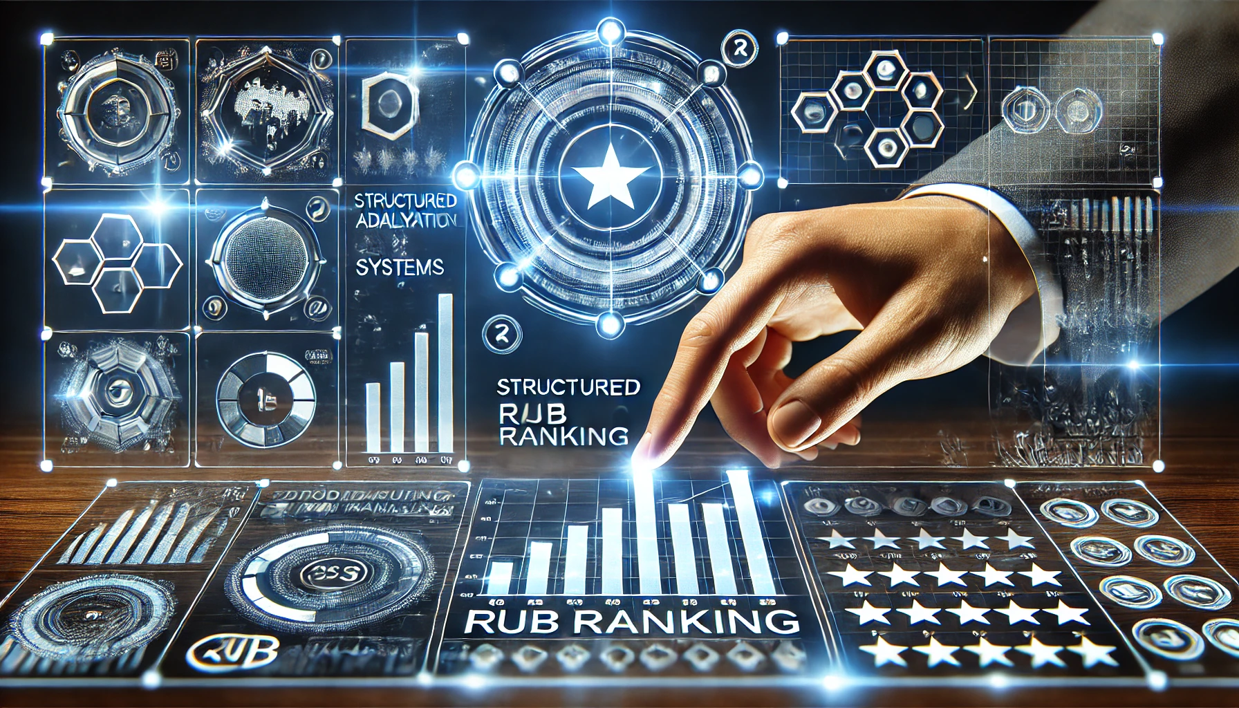 A futuristic digital interface showing ranking and performance evaluation metrics.