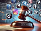 A digital illustration of a judge’s gavel striking down on social media platform icons, symbolizing legal action.