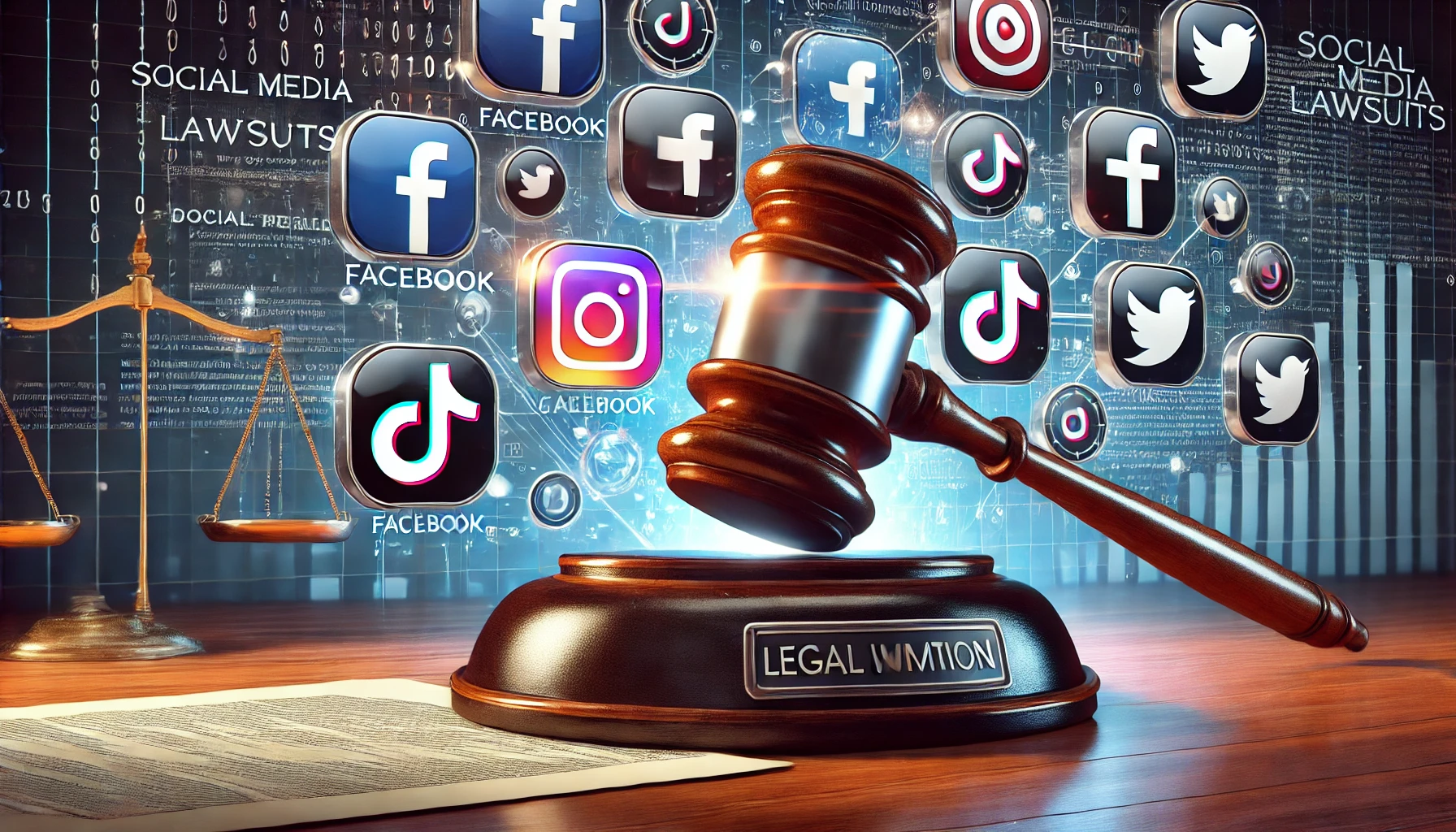 A digital illustration of a judge’s gavel striking down on social media platform icons, symbolizing legal action.