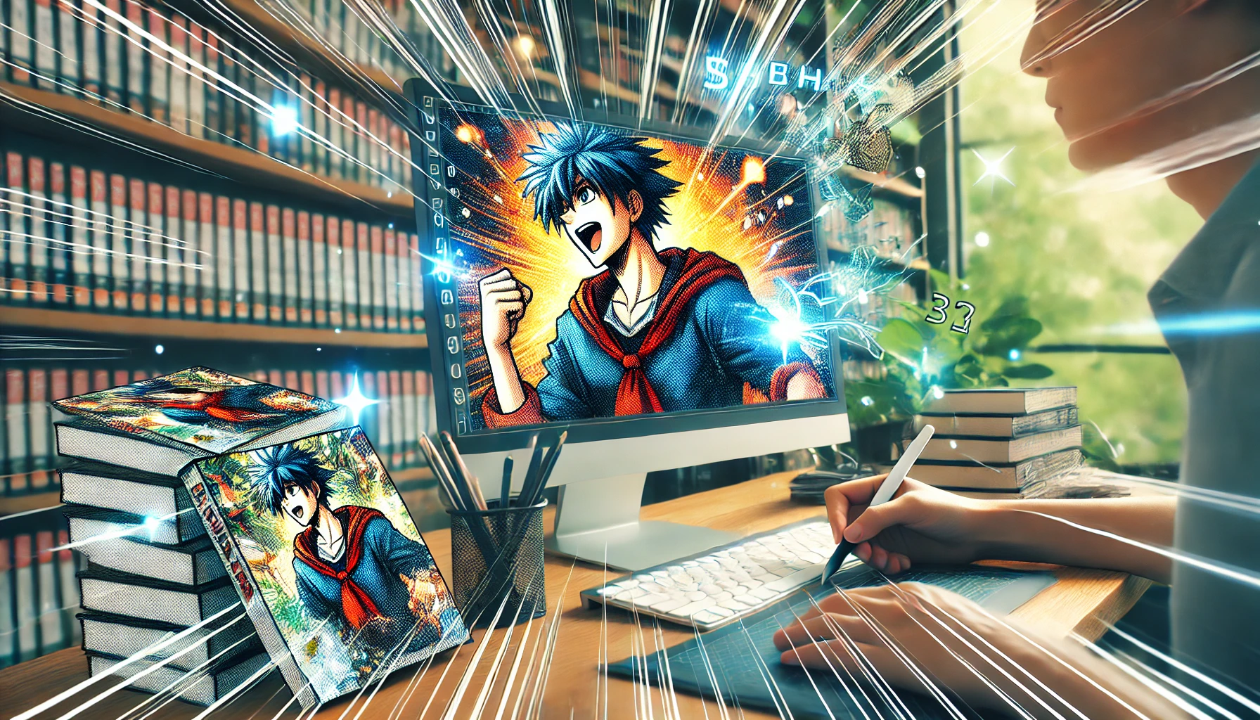 Digital illustration of a manga scanlation process, showing a person translating manga on a computer.