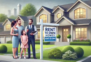 A happy family in front of a modern home with a "Rent-to-Own" sign