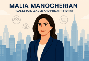 Portrait of Malia Manocherian with a city skyline background symbolizing her impact in real estate and philanthropy.